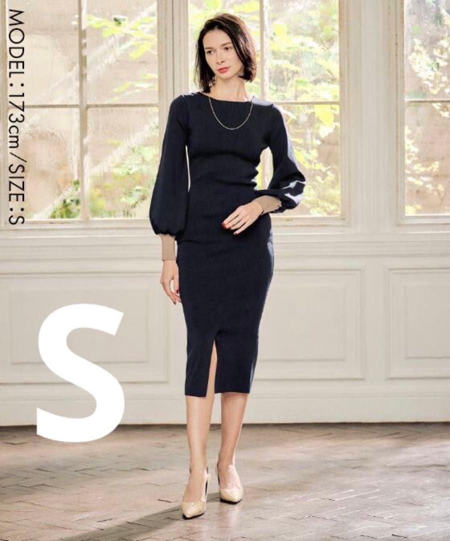 JENNE 配色カフスニットワンピース　ネイビー　S