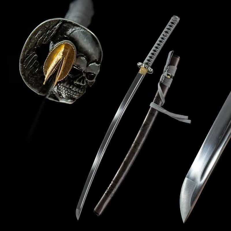 スカル彫刻打刀模造刀1045 炭素鋼グレー調デザイン全長102cm刃厚0.7cm