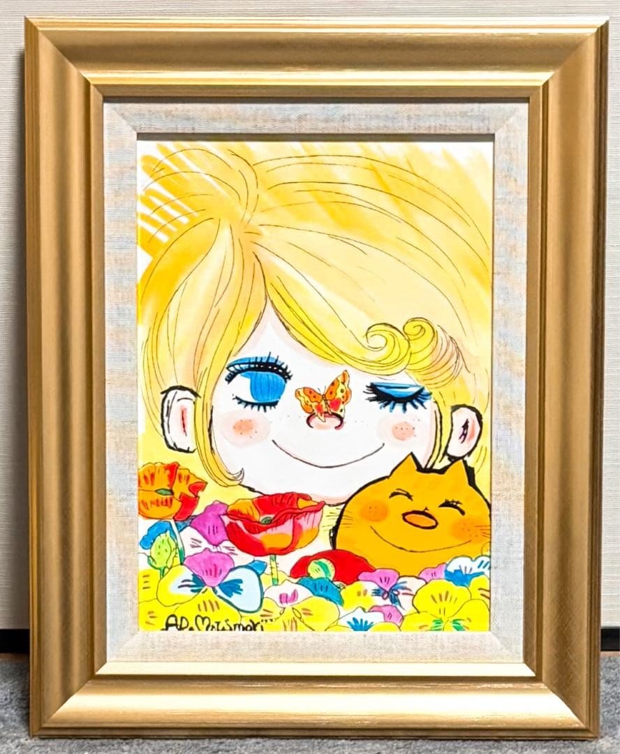 【F4号】手描き油彩　水森亜土　額縁　未使用額　サイン　人気作品　絵画　人気作家