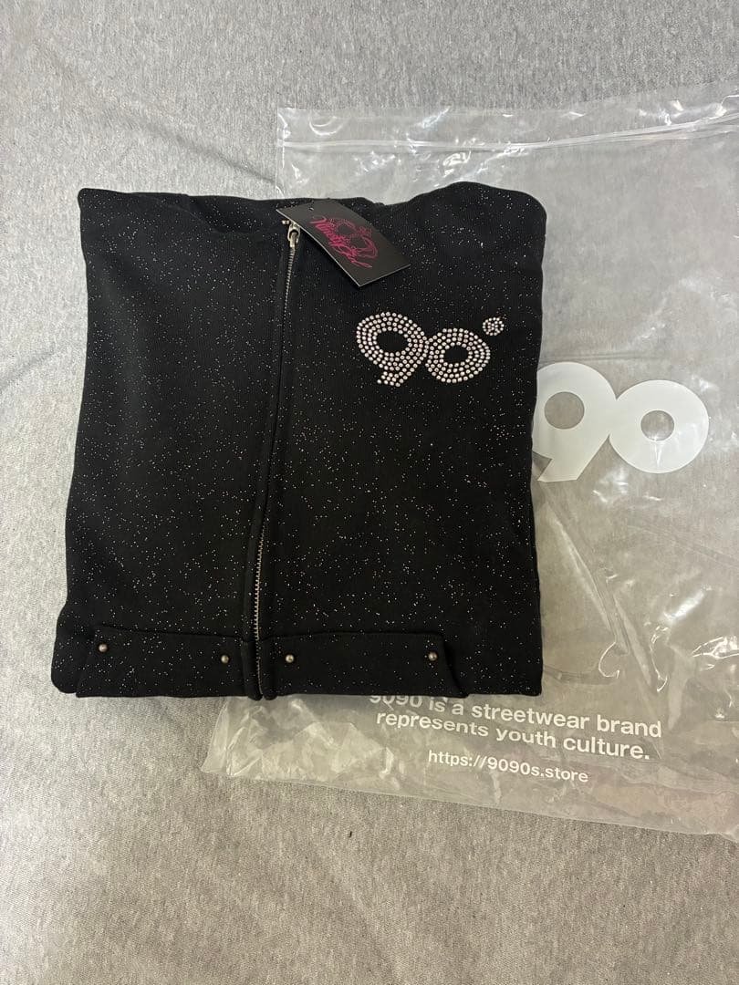 90s スパンコール付きフードパーカー ブラック