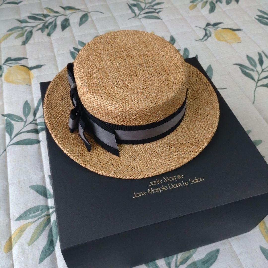 Jane Marple ストローハット（黒×グレーリボン）