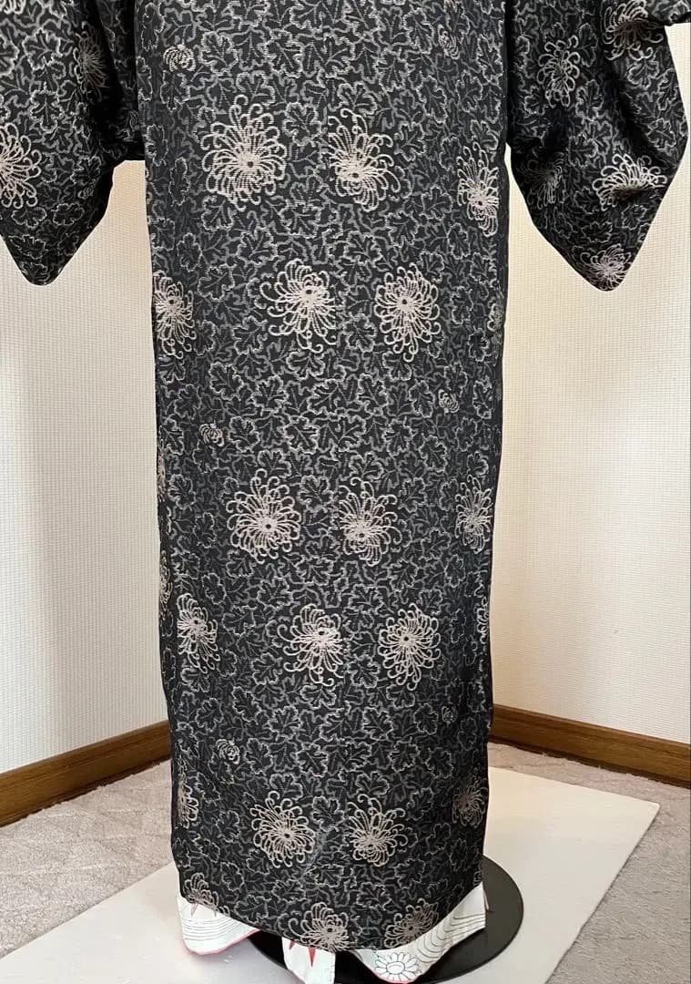 和装コートロング丈 乱菊に葉模様 撥水加工有 身丈132cm 長期保存品