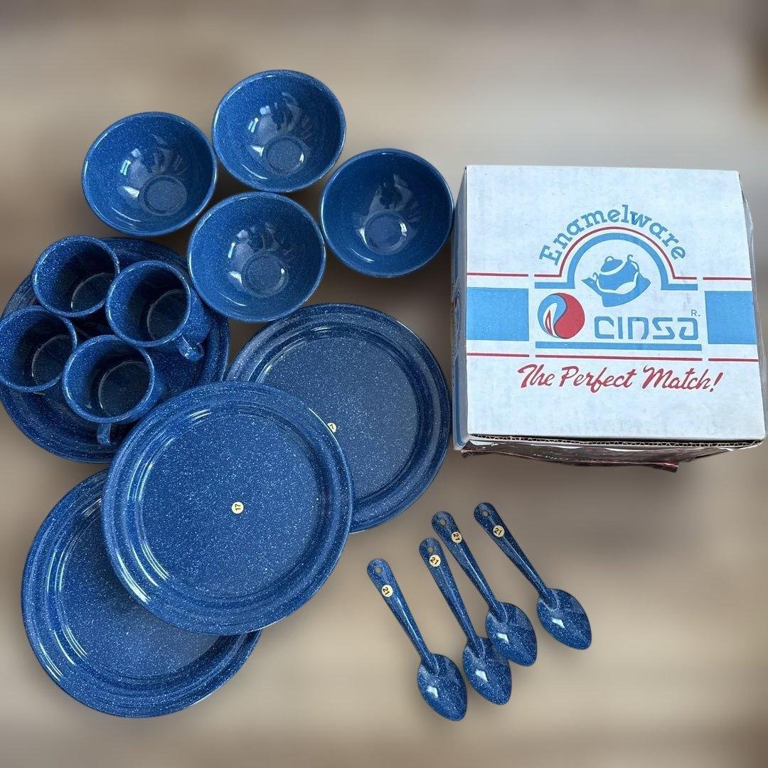 希少新品CINSA エナメルウェア キャンプ食器セット 16点デッドストック