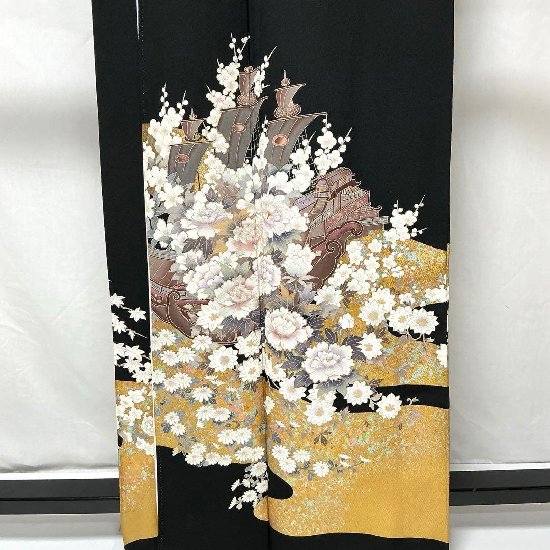 b195 正絹　黒留袖　比翼付　五つ紋　作家物落款　金銀箔　刺繍　着物