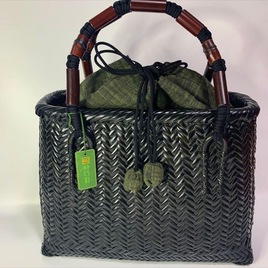 竹巧彩　竹　籠バッグ　カゴバッグ　内布あり　巾着　新品　黒　和装小物　縦横網代