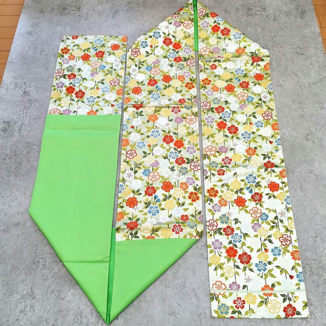 【お花畑】レアなグリーン カラフルお花畑な 贅沢 唐織 袋帯