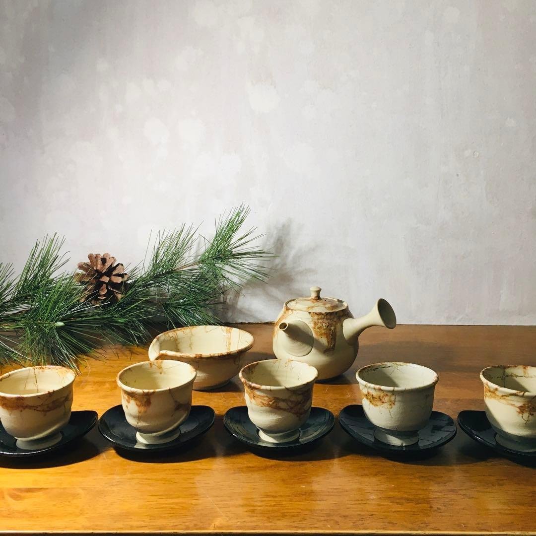 【新品未使用品】常滑焼 　谷川仁　白泥藻掛　煎茶器揃　茶托付き　共箱なし