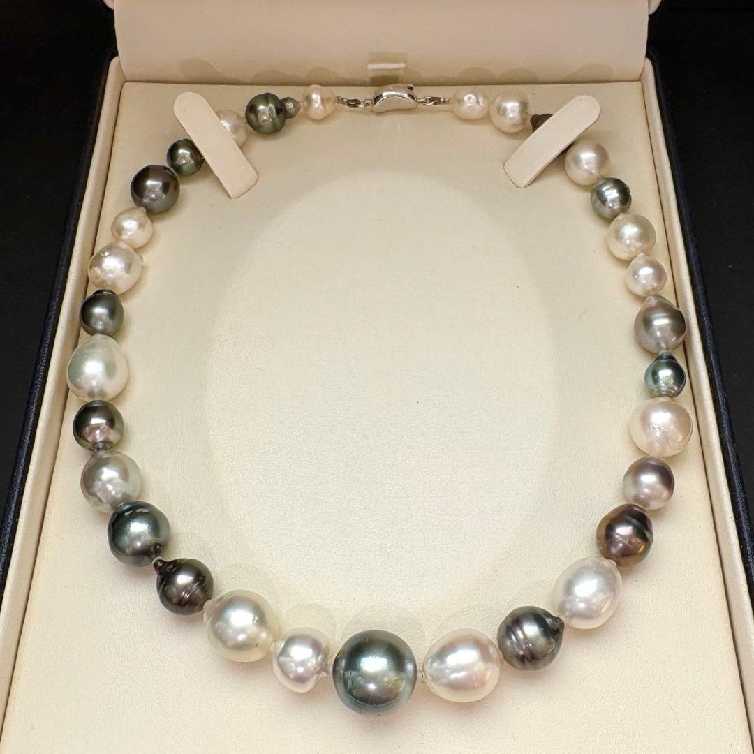 照り最強◎黒蝶・白蝶真珠 マルチカラー ネックレス 10.4-15.1mm