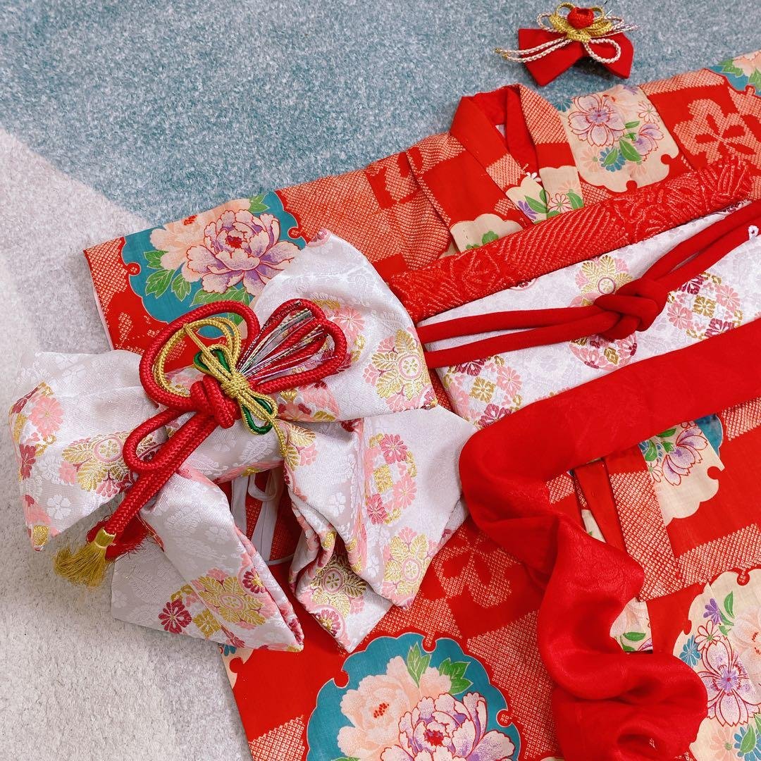 七五三 3歳 アンティーク 着物 作り帯 バッグ 草履 髪飾り セット