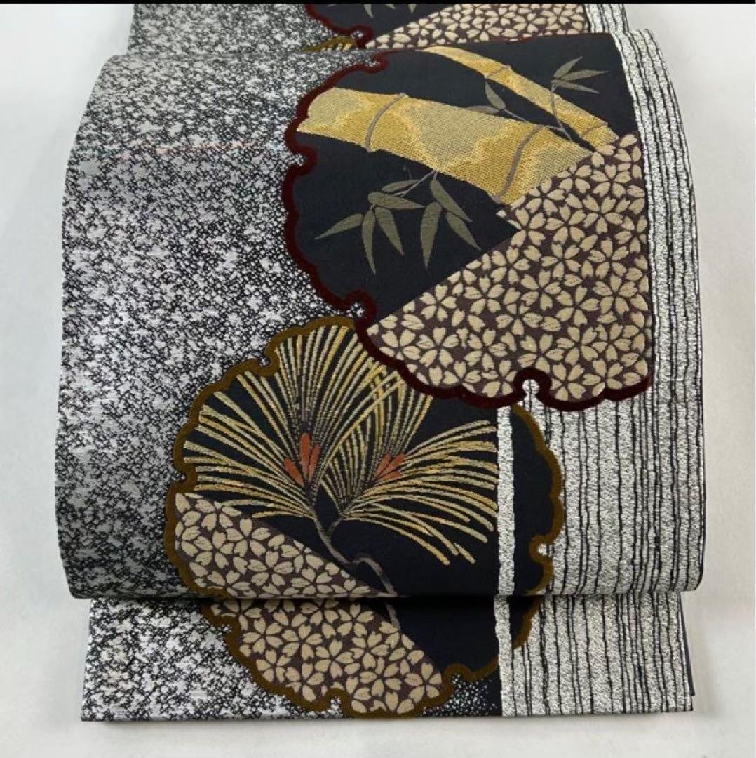 【美品】袋帯 六通 正絹 : 雪輪 松竹 箔 黒灰
