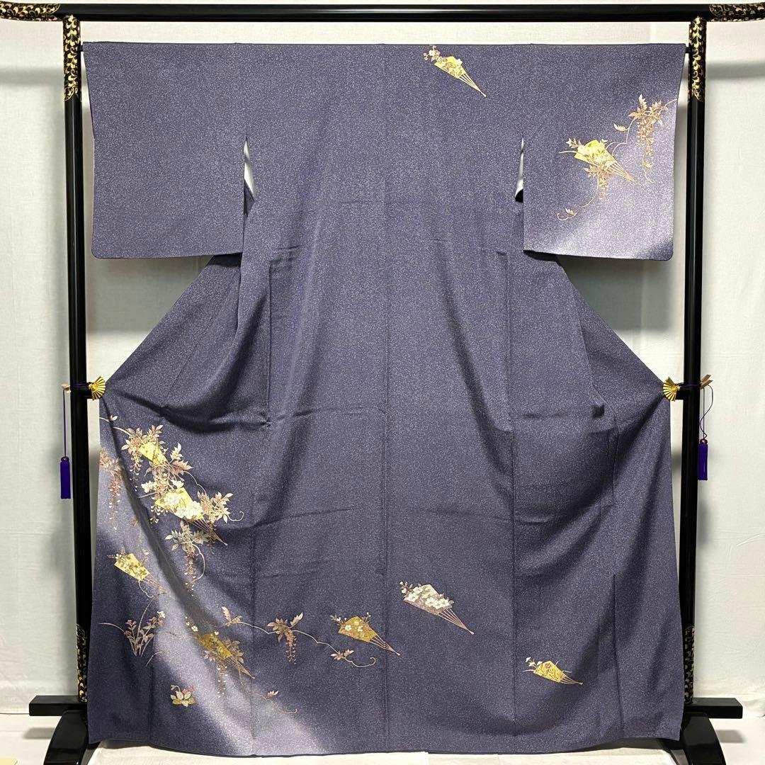 D61 訪問着 扇 藤の花 金彩 正絹 着物 袷 極美品