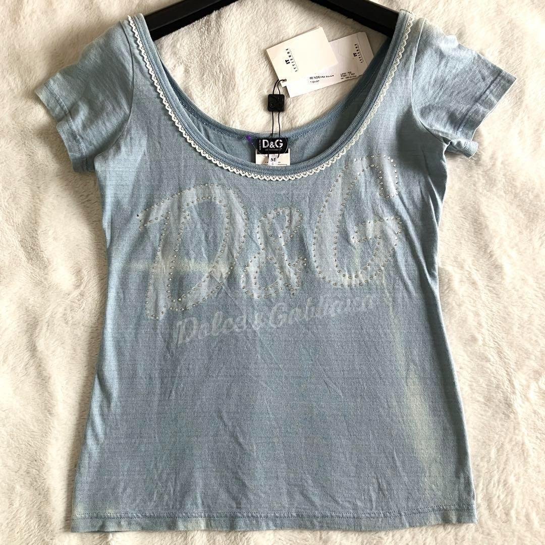 新品 ドルチェアンドガッバーナ コットン ロゴ ダメージ加工Tシャツ M ブルー