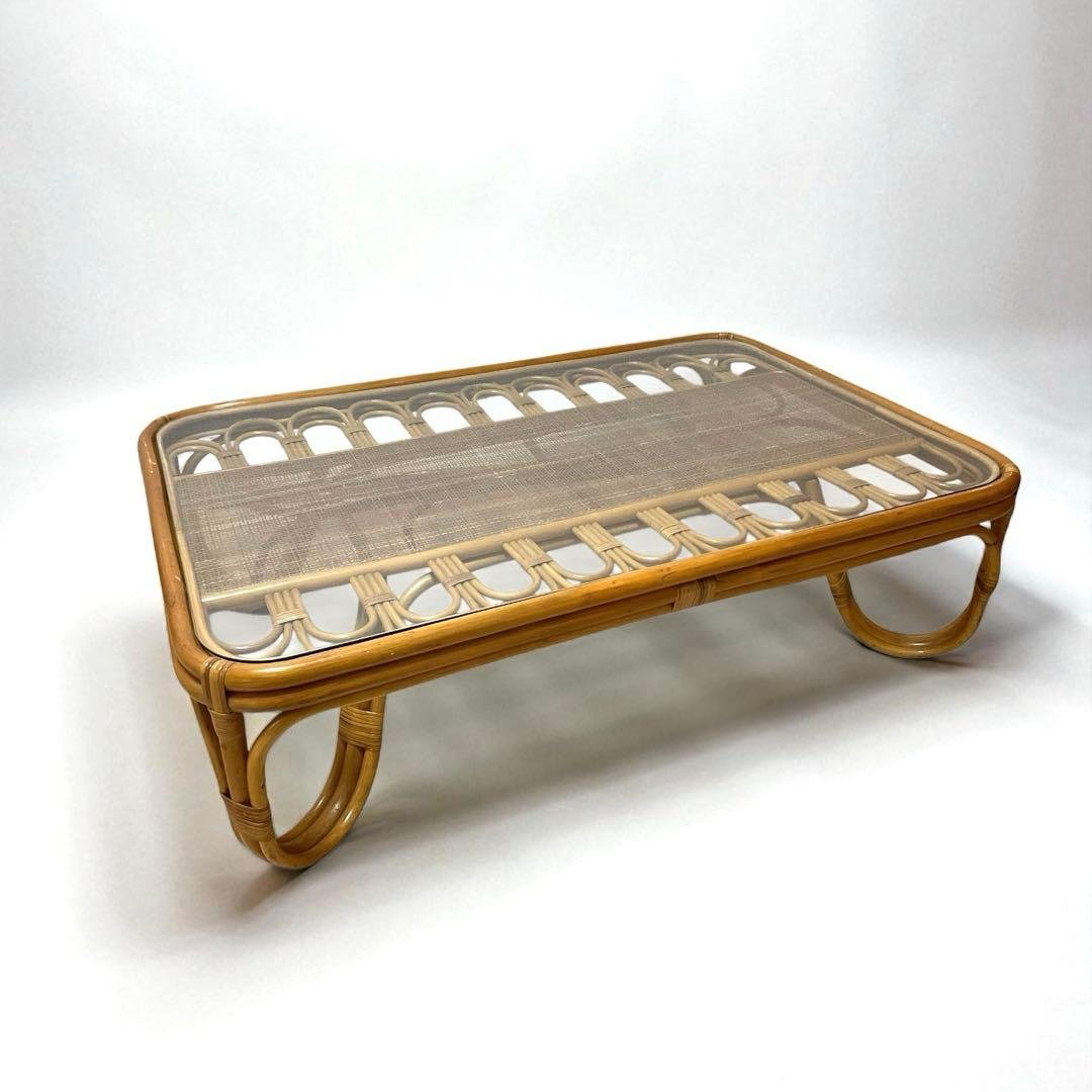 【良品】 ラタン 籐家具　ローテーブル センターテーブル 強化ガラス天板