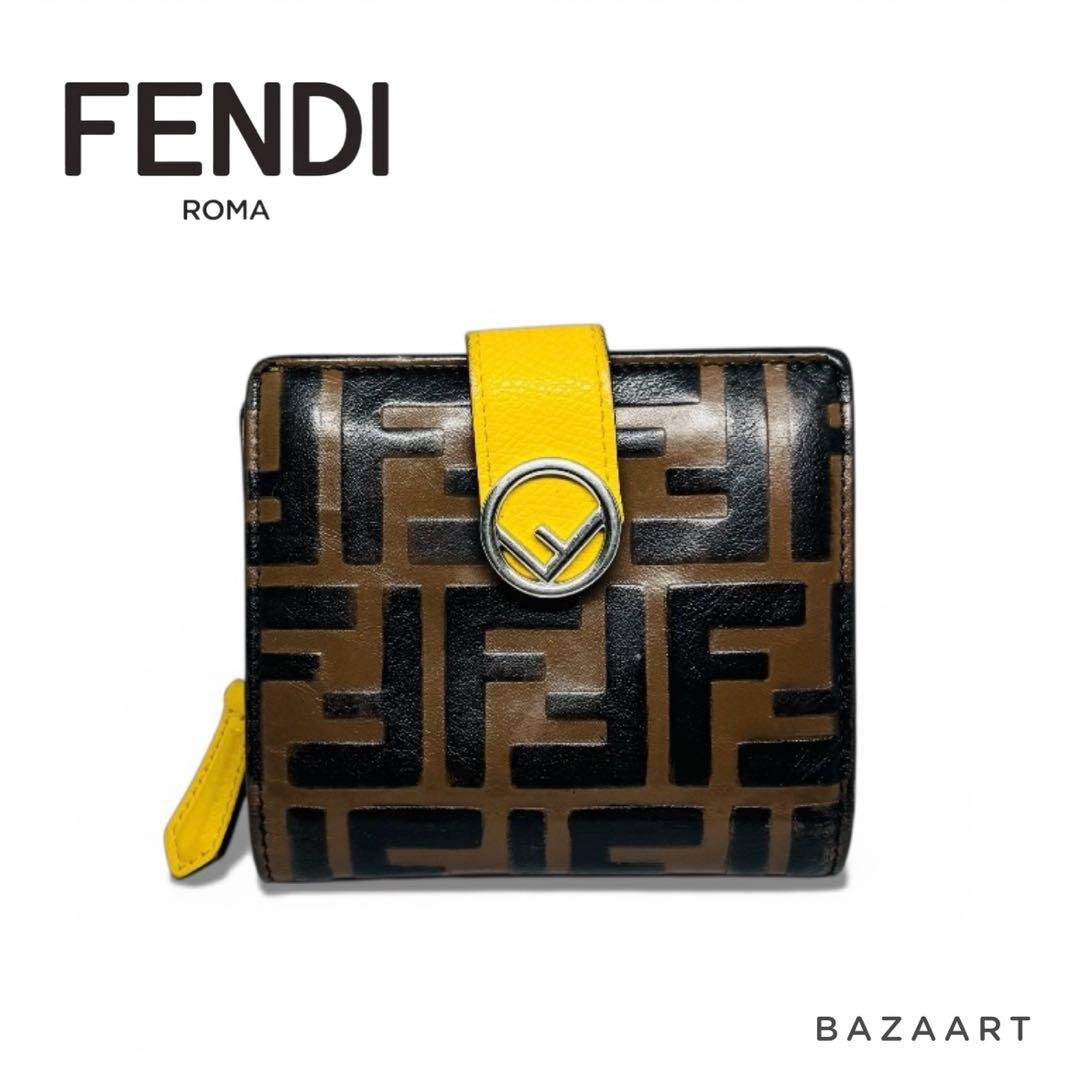 FENDI フェンディ 二つ折り財布 FFロゴ ズッカ レザー 黄色 イエロー