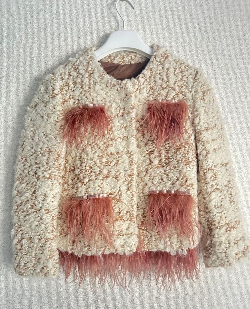 【再値下げ】美品AINEA アイネア ノーカラーツィードジャケット ピンクファー