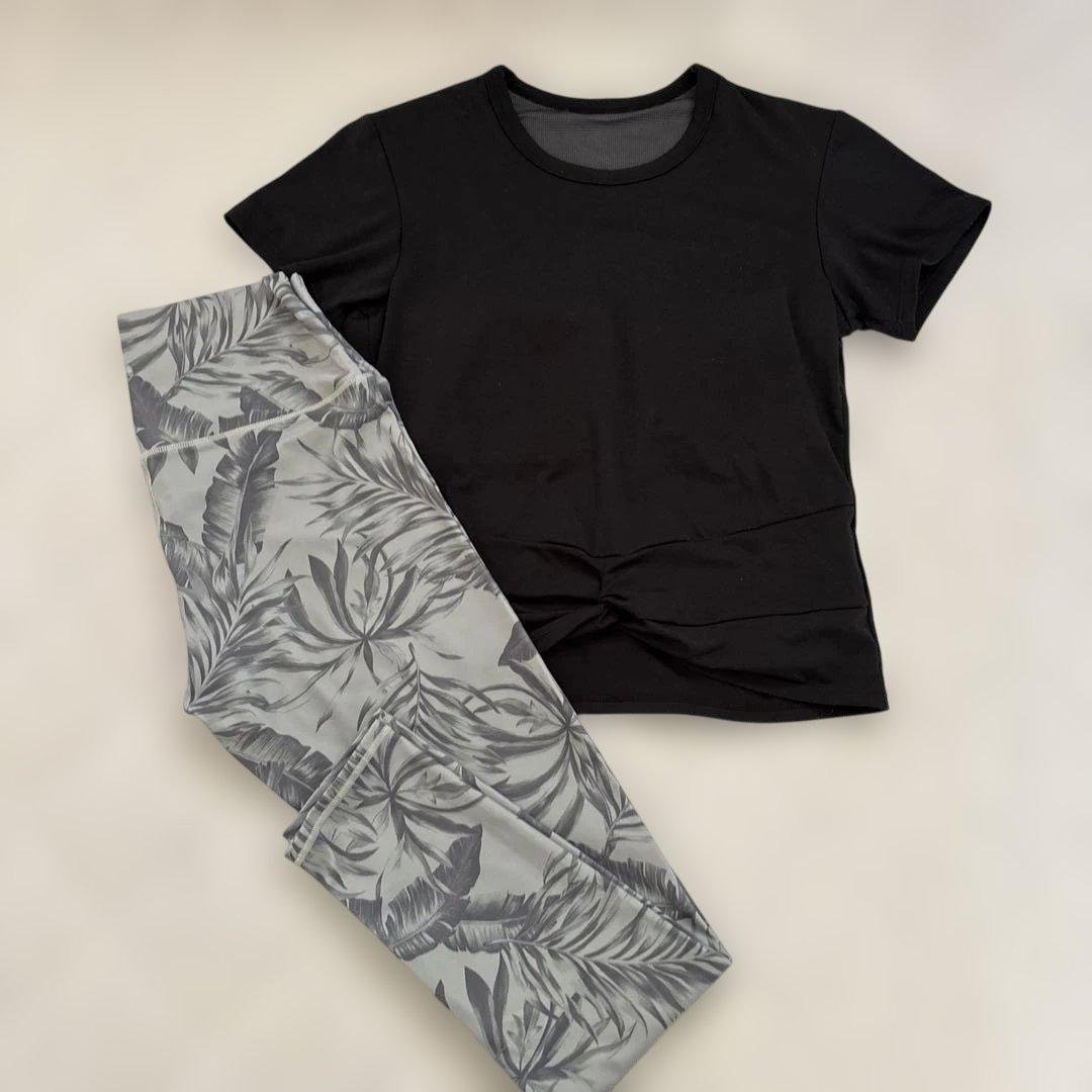 ヨガウェア セット Mサイズ 黒 Tシャツ 植物柄レギンス