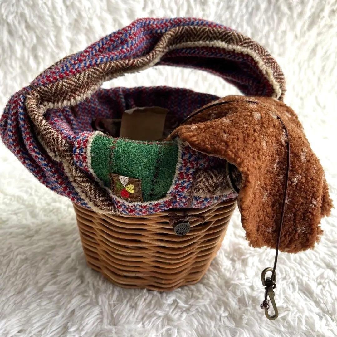 エバゴス かごバッグ 紅籘 ムートンレザー被せ ハリスツイード
