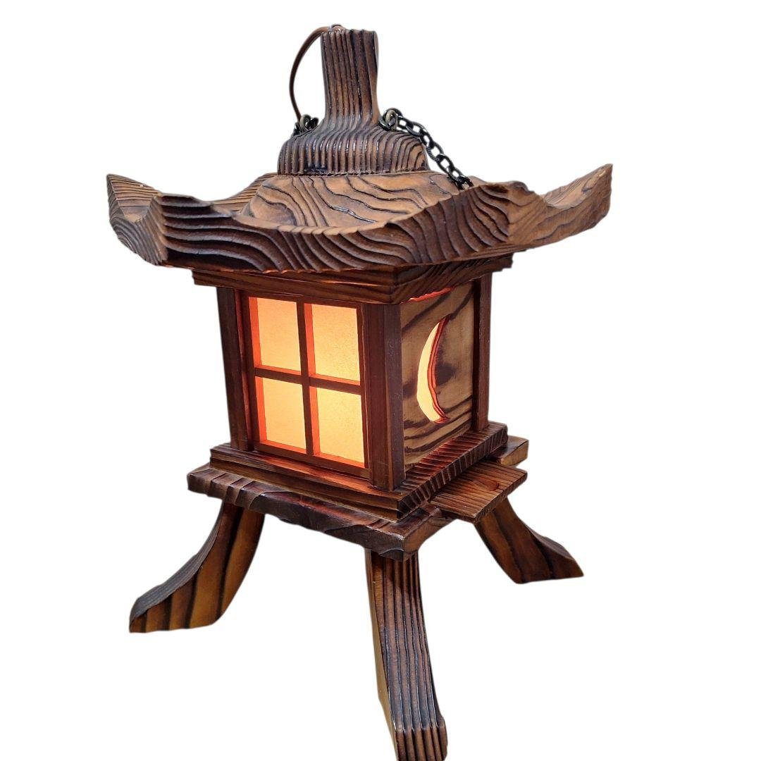 木製 和風行灯 灯籠 卓上照明 月窓 民芸調 通電OK