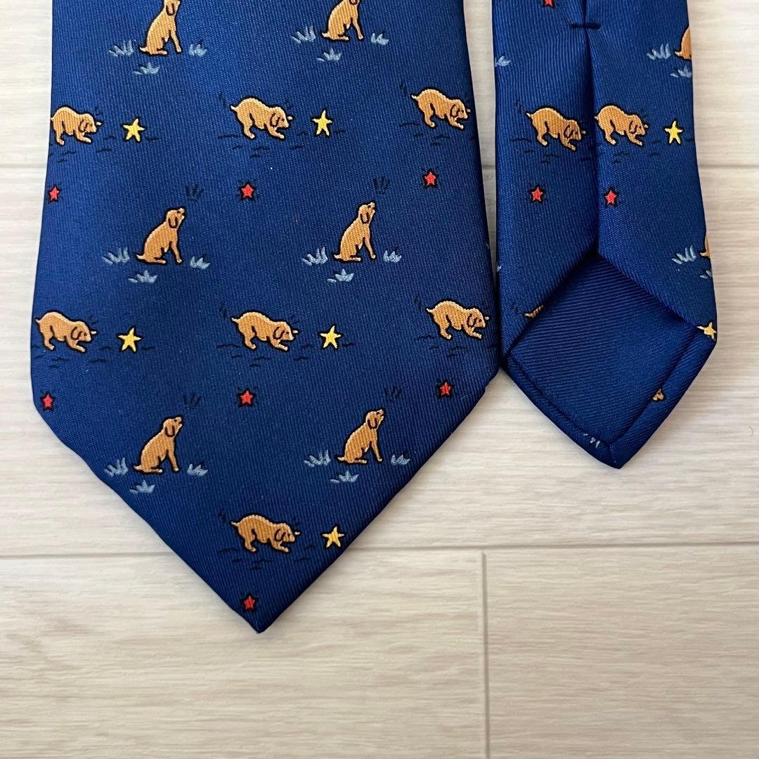エルメス HERMES ネクタイ シルク100% ネイビー 犬 星 総柄 動物柄