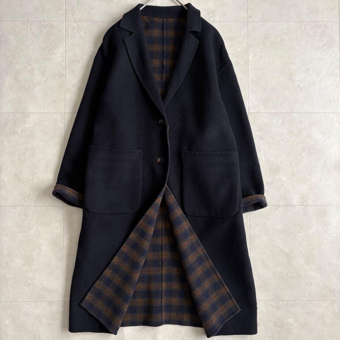 human woman ウールリバー チェスターコート チェック×ネイビー M