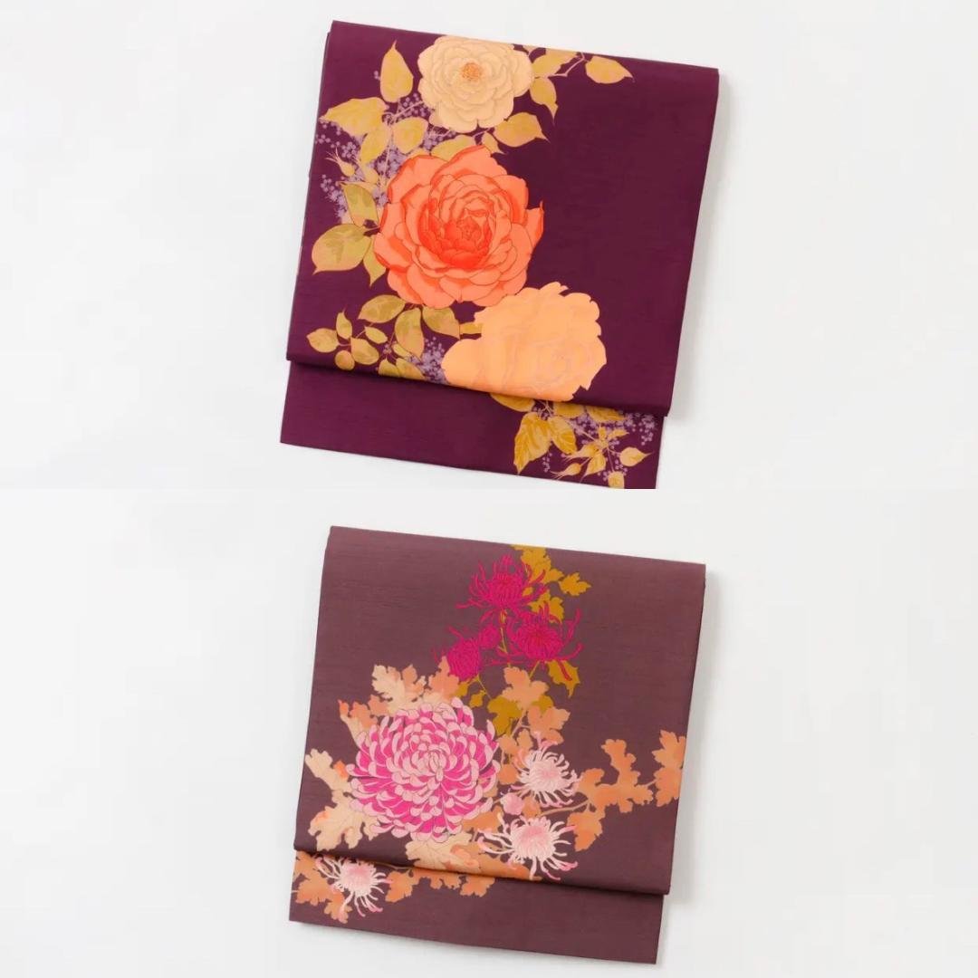 百葉堂リバーシブル名古屋帯 昼夜帯　和薔薇　葡萄酒色　紫色 バラ 菊 花柄