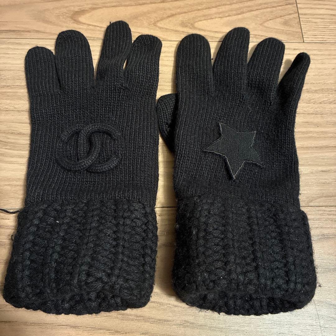 CHANEL 黒 ニット手袋 ロゴデザイン