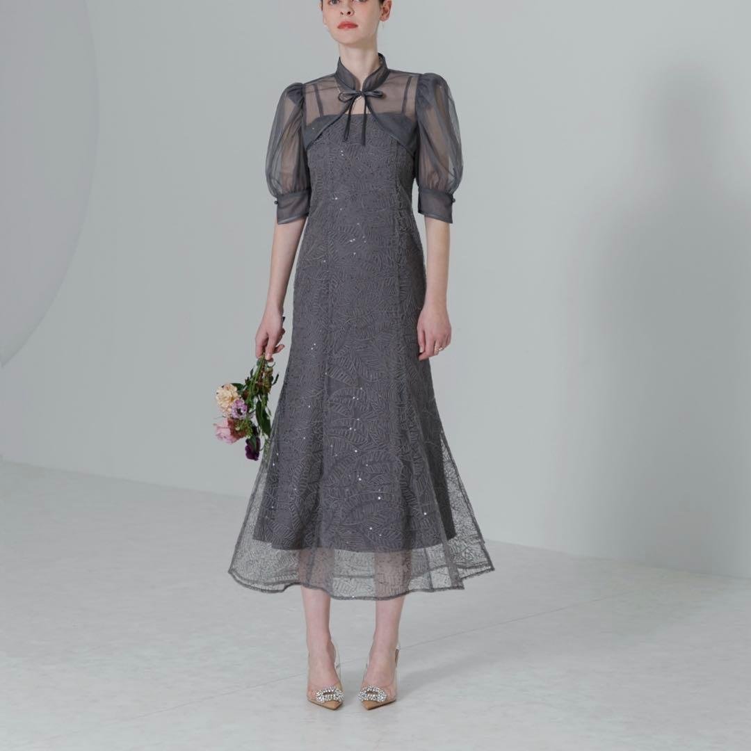 【LEJA】スパンコールボタニカルマーメイドハイネックパフスリーブキャミソール