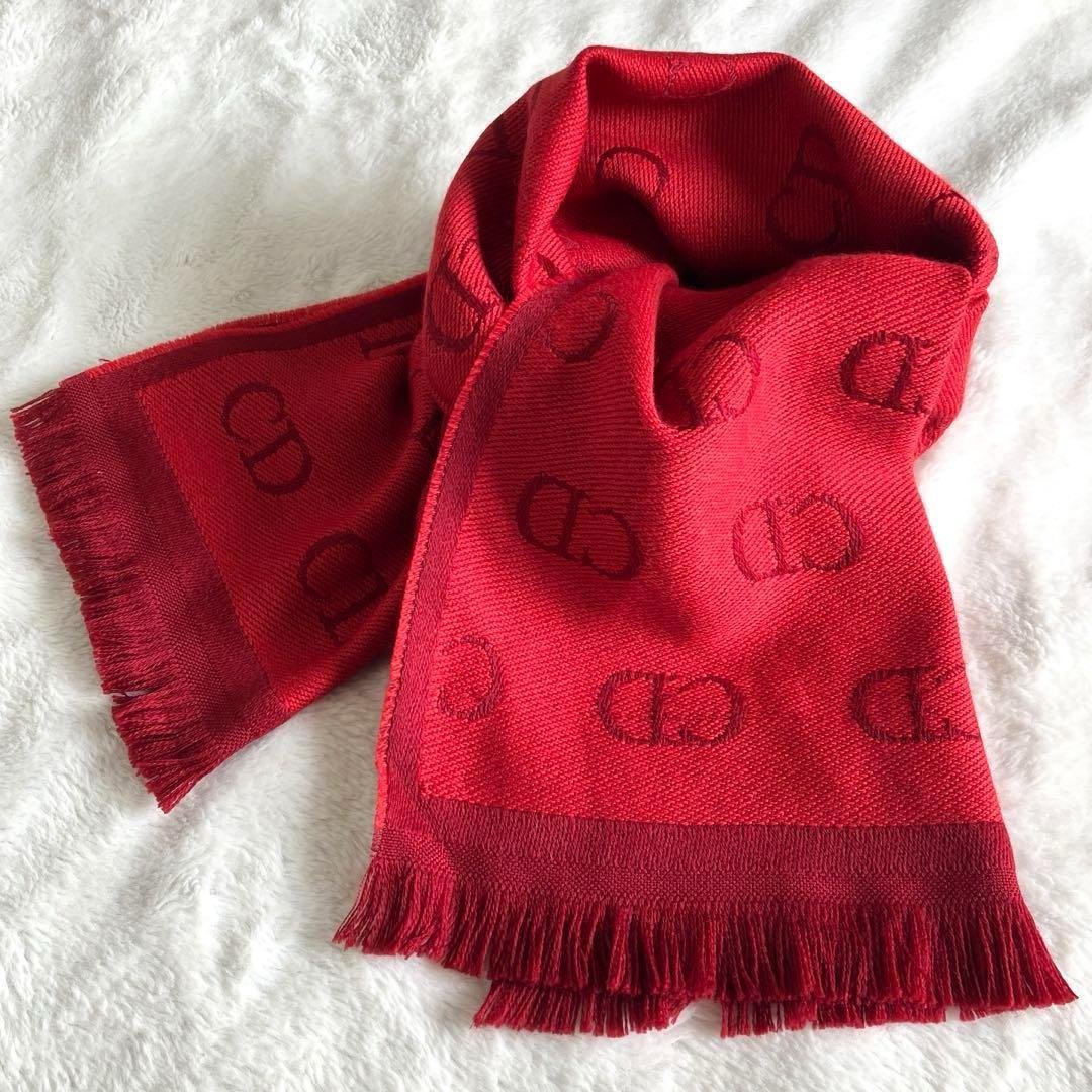 クリスチャンディオール ウール CDロゴ フリンジマフラー レッド