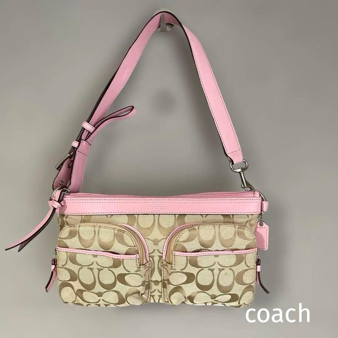 美品✨coach シグネチャー　ワンショルダー　ピンク　2ポケット