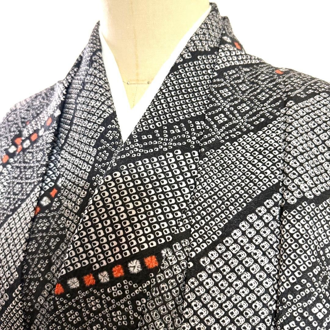 6k15 着物&羽織セット　袷　黒　白　橙色　柄物　和装