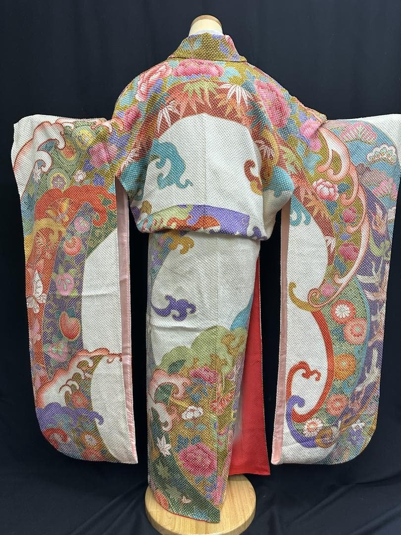 藤娘きぬたや 総絞り 白地 波鶴橘 小紋バック振袖 長襦袢2点セット