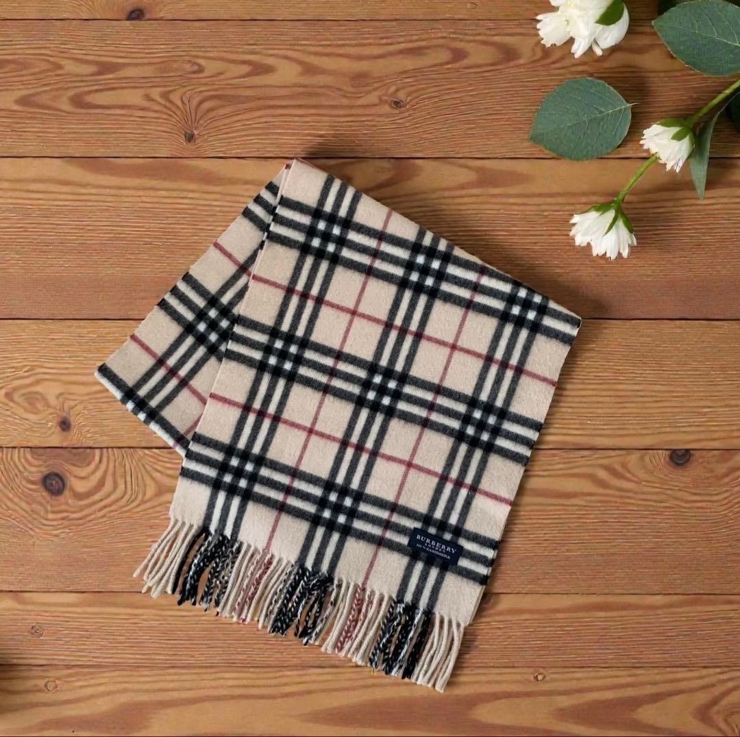 美品 バーバリーロンドン カシミヤ100% ノバチェック マフラー ベージュ