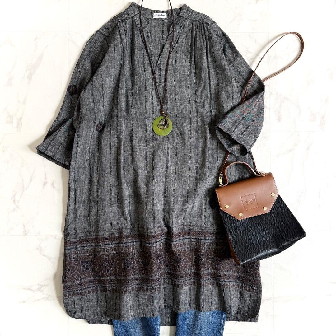 フォロー割☆プランテーション コットンリネン刺繍チュニックワンピース 七分袖