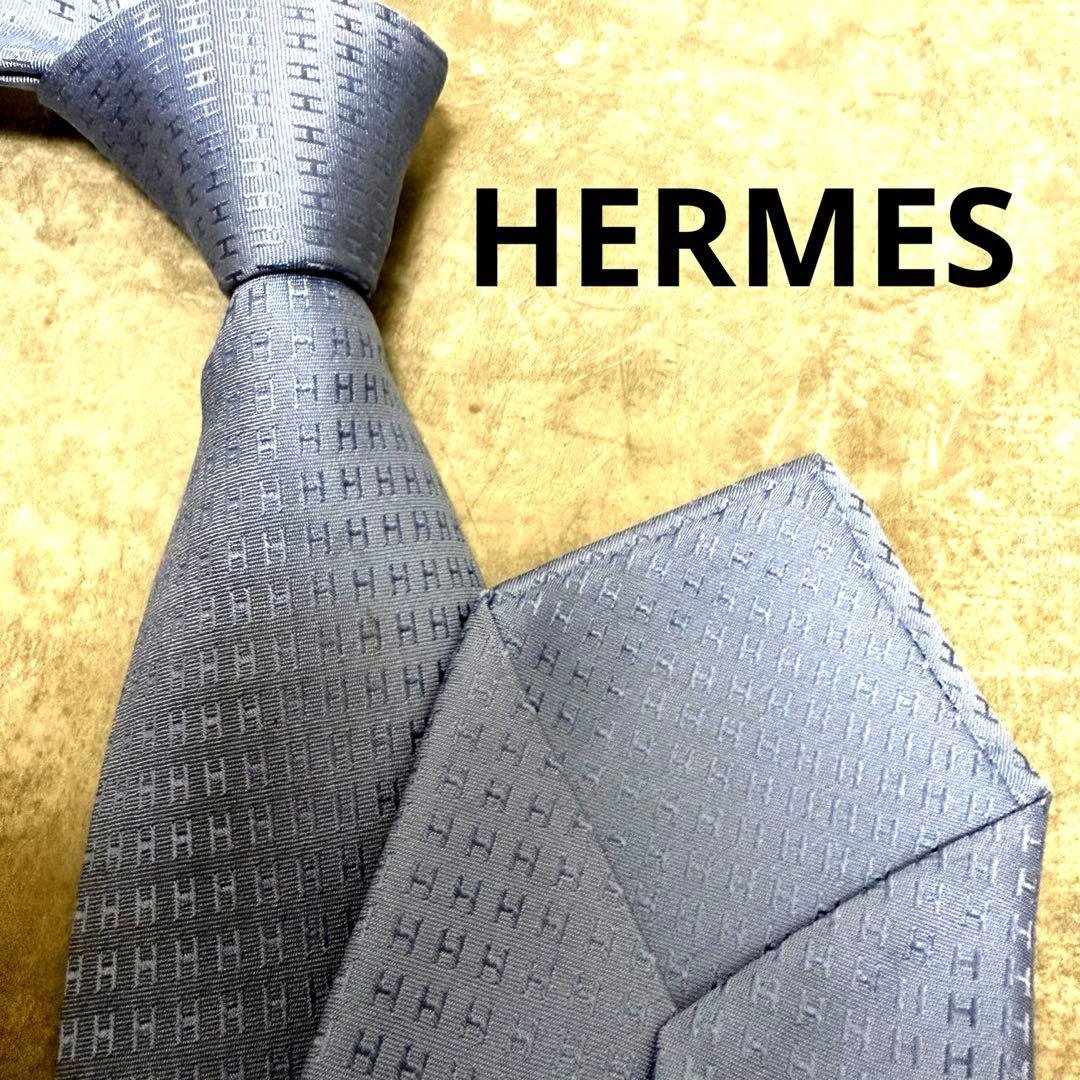 HERMES エルメス ネクタイ ブルー ファソネ H柄 定番 王道 光沢 希少