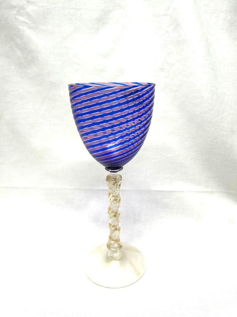ベネチアングラスseguso青赤ストライプ ワイングラス　ヴィンテージ未使用品