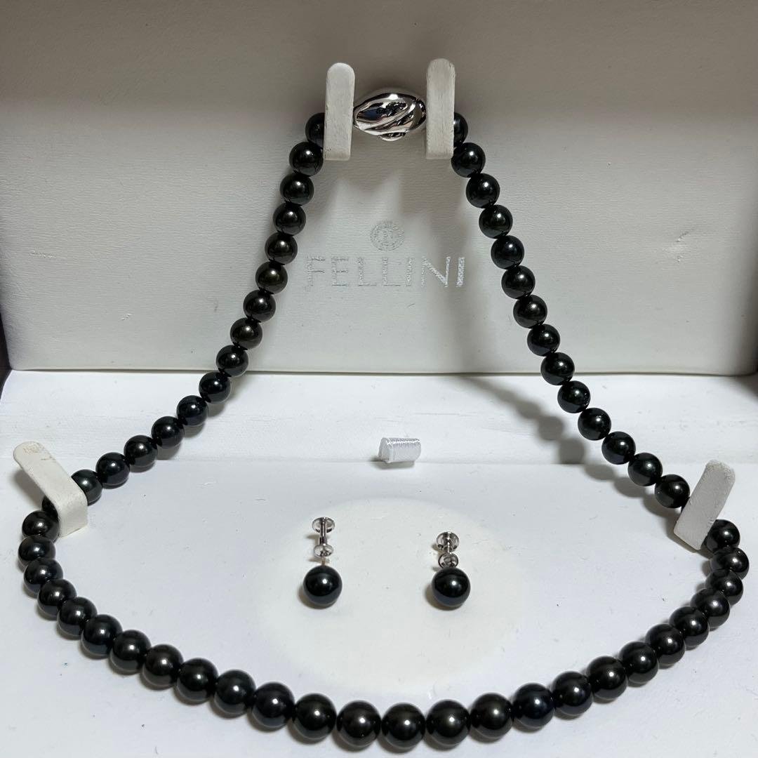 アコヤ 黒真珠 ネックレス イヤリング セット 冠婚葬祭 K14WG