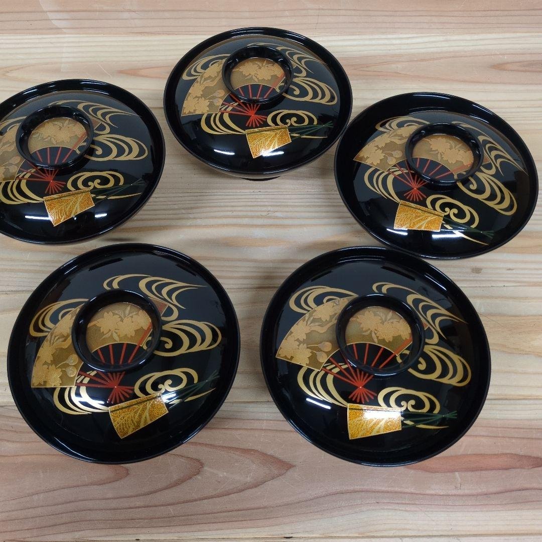 輪島塗　流水桜扇面見返り紅葉煮物椀　５客