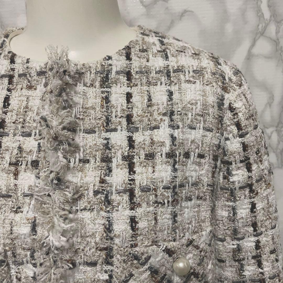 美品スペシャルアイテム　ANAYI ラメスラブツイード　ロングジャケット　パール