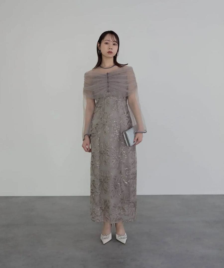 Leja グレー 刺繍入りロングドレス