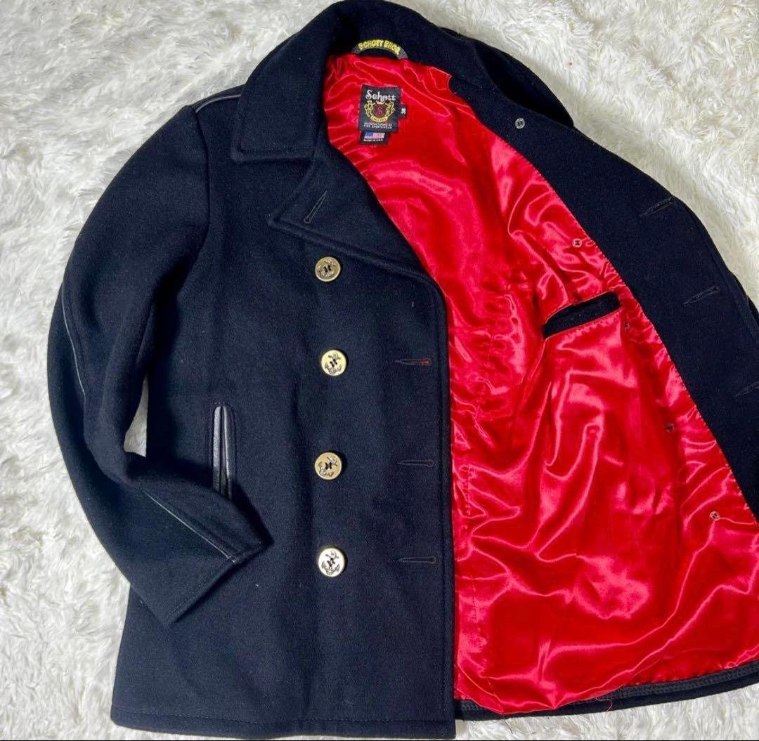 希少　Schott ショット389ピーコート 　金ボタン　裏地　赤　黒 ウール