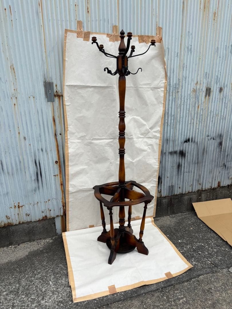 アンティーク なカリモク コロニアル　ポールハンガー　傘立て付き木製6フック