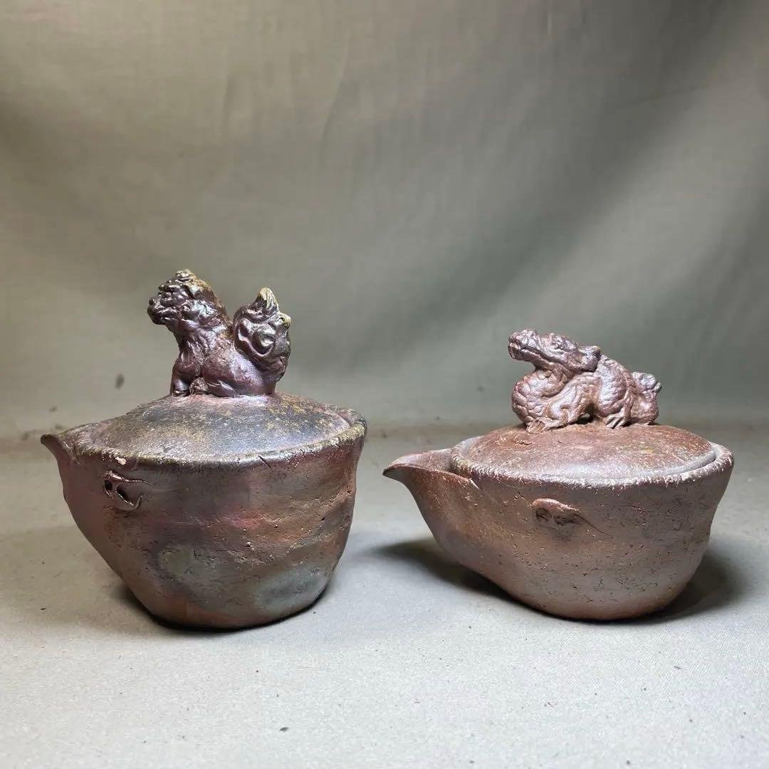 ト*ー様 備前焼　備前手造り龍宝瓶　獅子宝瓶 在銘 ２点セット 煎茶器 急須 煎
