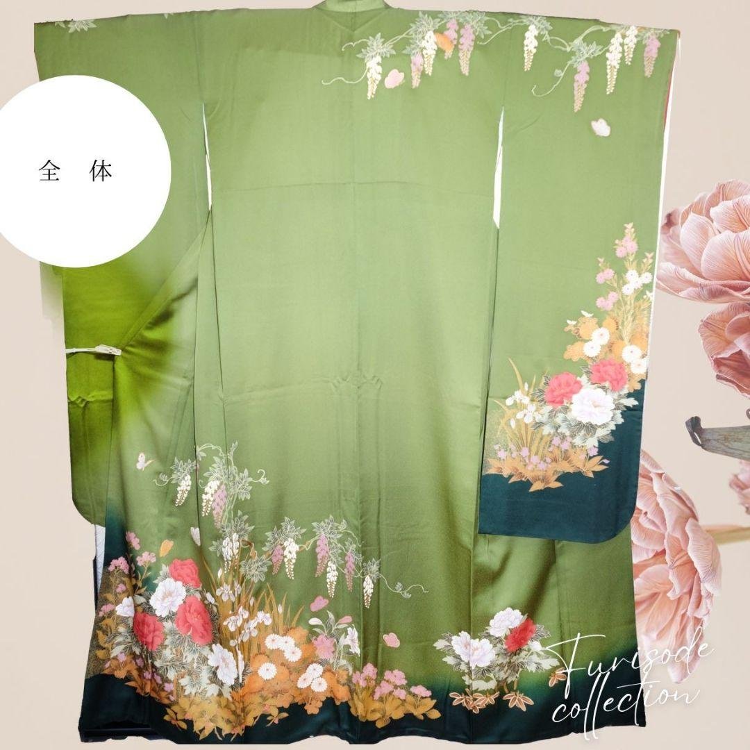 振袖フルセット　オリーブグリーン　牡丹・藤の花