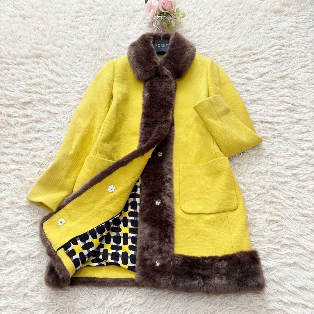 美品✨ケイトスペード　ウール100%ロングファーコート　裏地総柄　イエロー　0