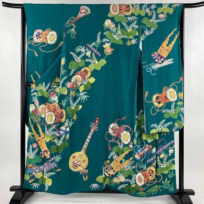 逸品 手描き友禅 和楽器 桐 振袖 作家物