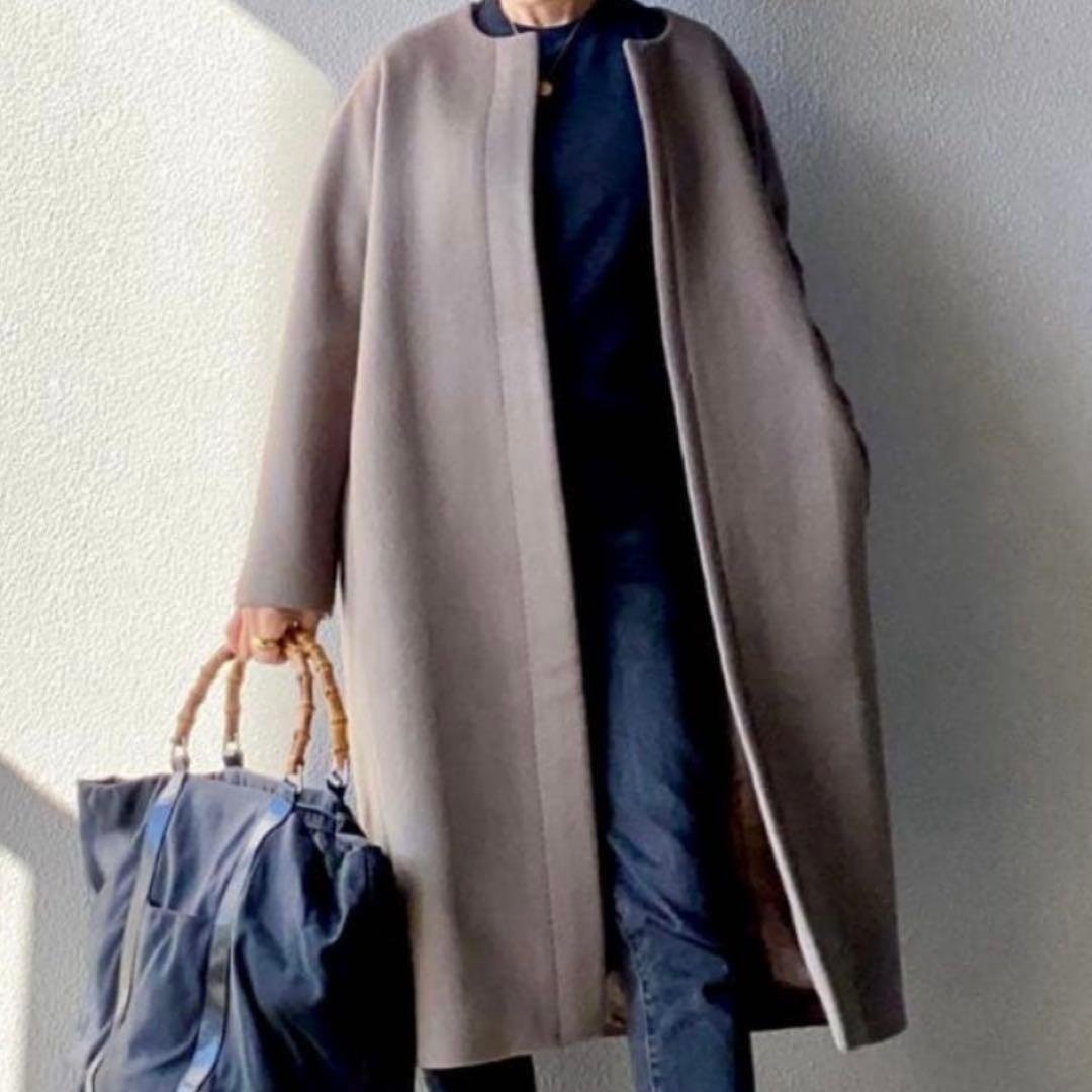 Deuxieme Classe ダブルクロスノーカラーコート　ブラウン フリー