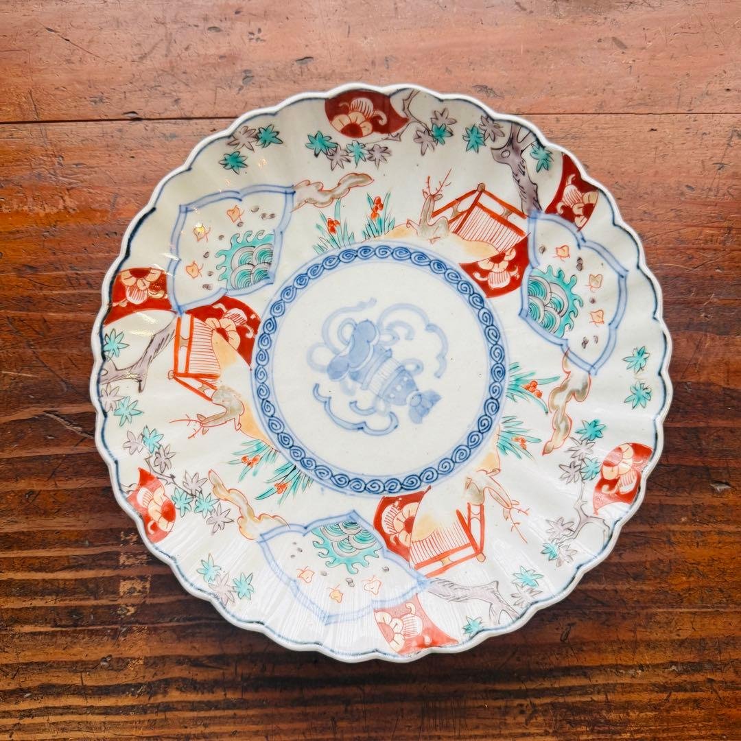 空一月-星様用 伊万里赤絵輪花皿 波千鳥鹿文一枚　伊万里　金彩色絵草花文一枚