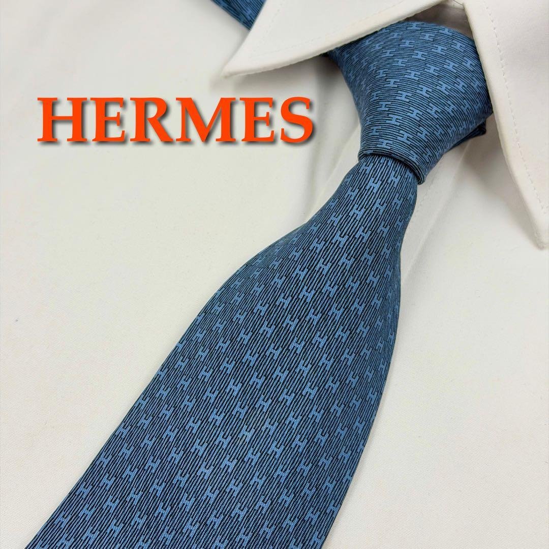 ✨️美品✨️ HERMES エルメス ネクタイ H柄 ブルー ネイビー