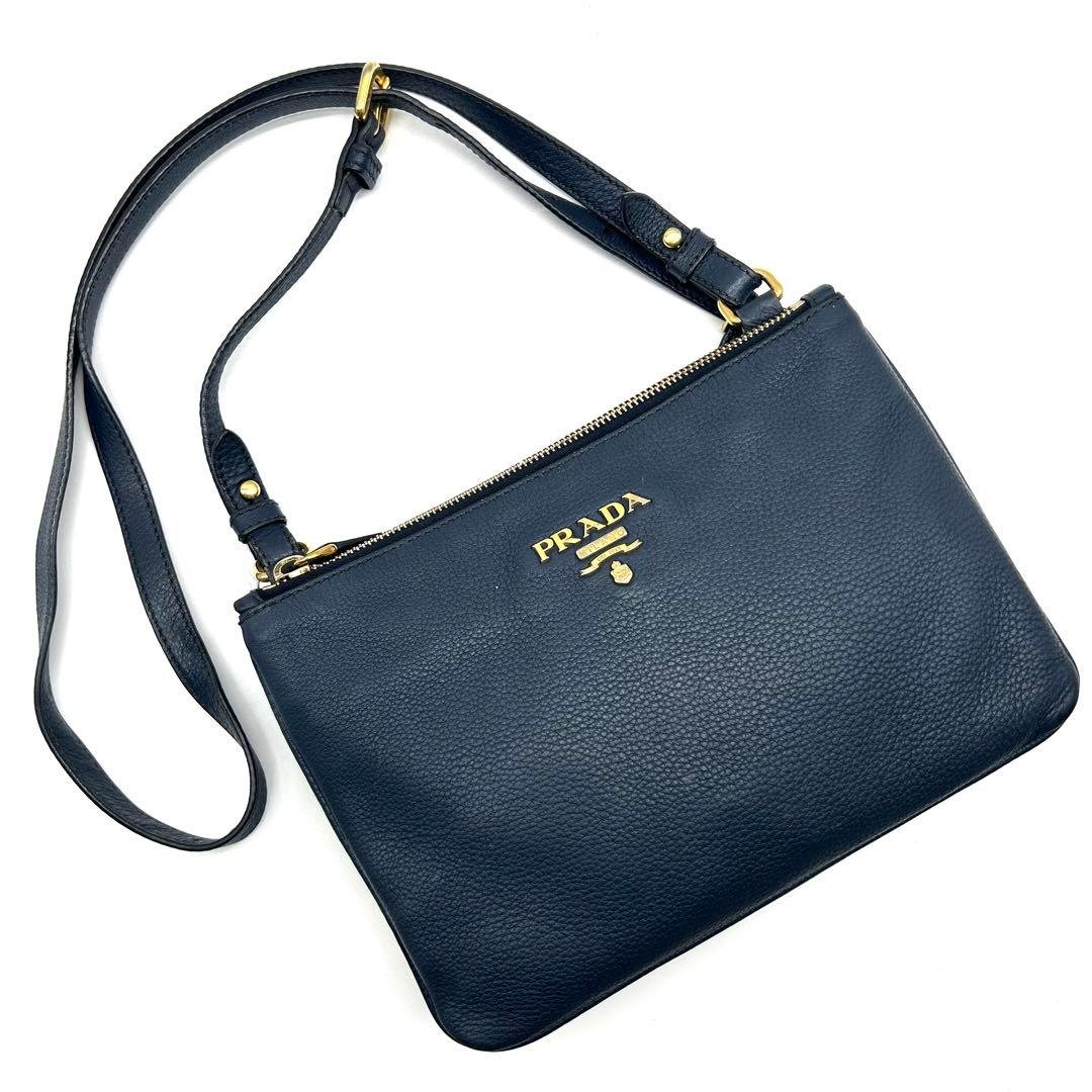 【アッコ様】 PRADA プラダ ショルダーバッグ ダブルポケット レザー 紺