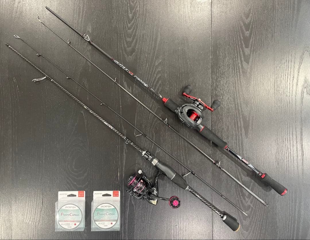 バス釣り2セット・ベイトロッド&リール(右巻)スピニングロッド&リール・ライン付